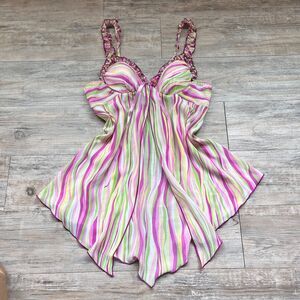 Vintage Y2K Stripe Babydoll Lingerie Dress Split Front Pink Green Medium